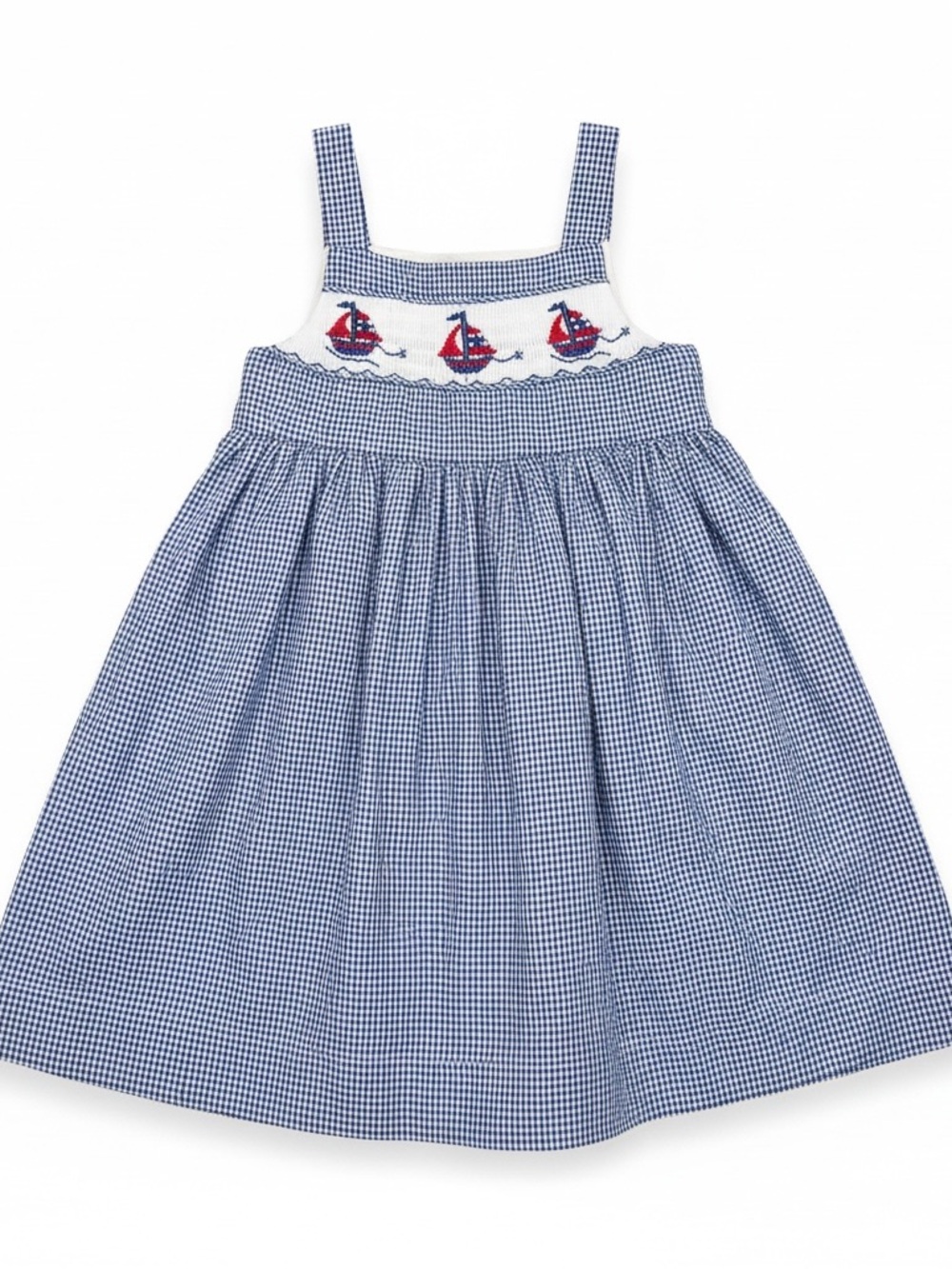 Vintage Chabré Blue Gingham Hand Smocked Sailboat Sundress 3T